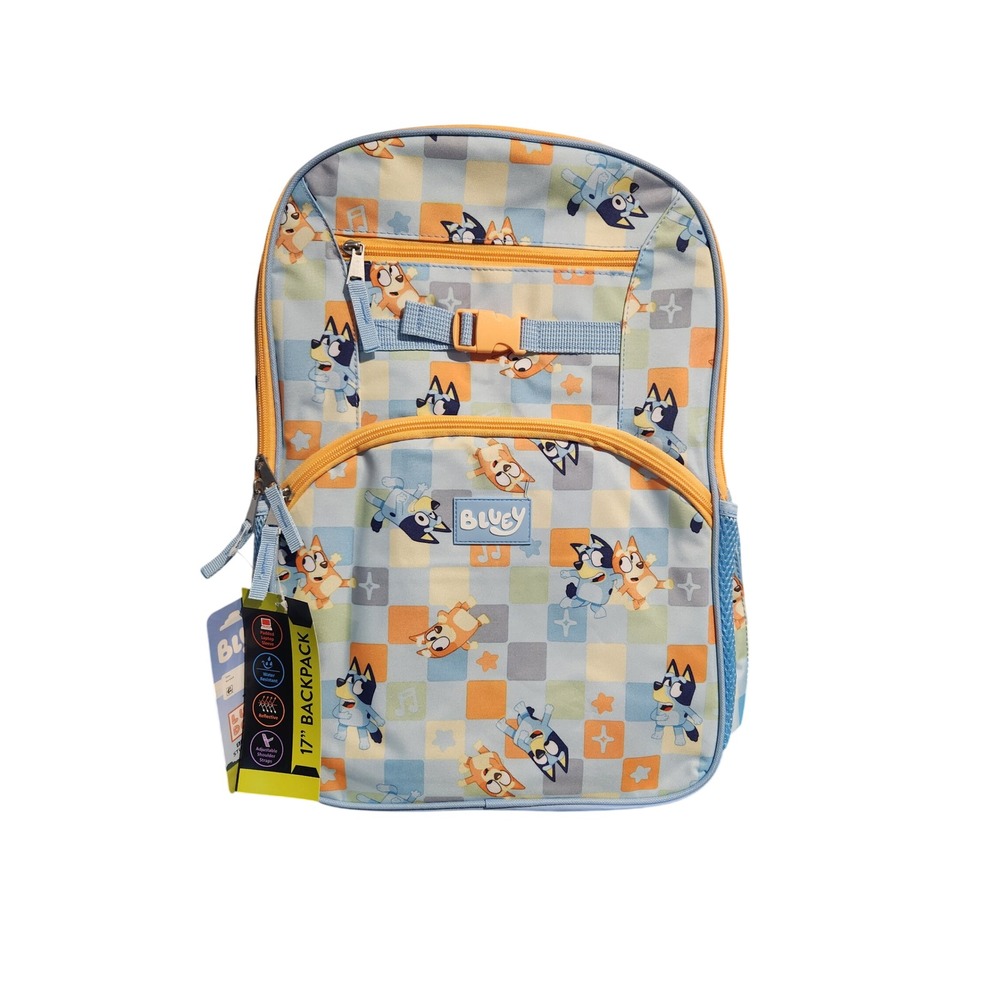 Bluey 17 Inch Backpack Blue Orange Checkered Laptop Sleeve NWT